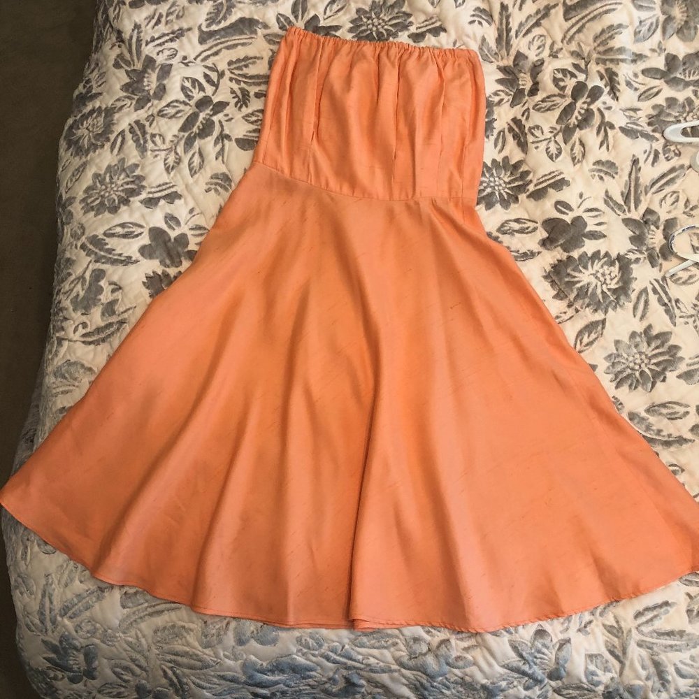 VTG SHAREEN AGAIN Reworked Vintage Silk Fabric Peach Strapless Tube Midi Dress - Picture 11 of 16